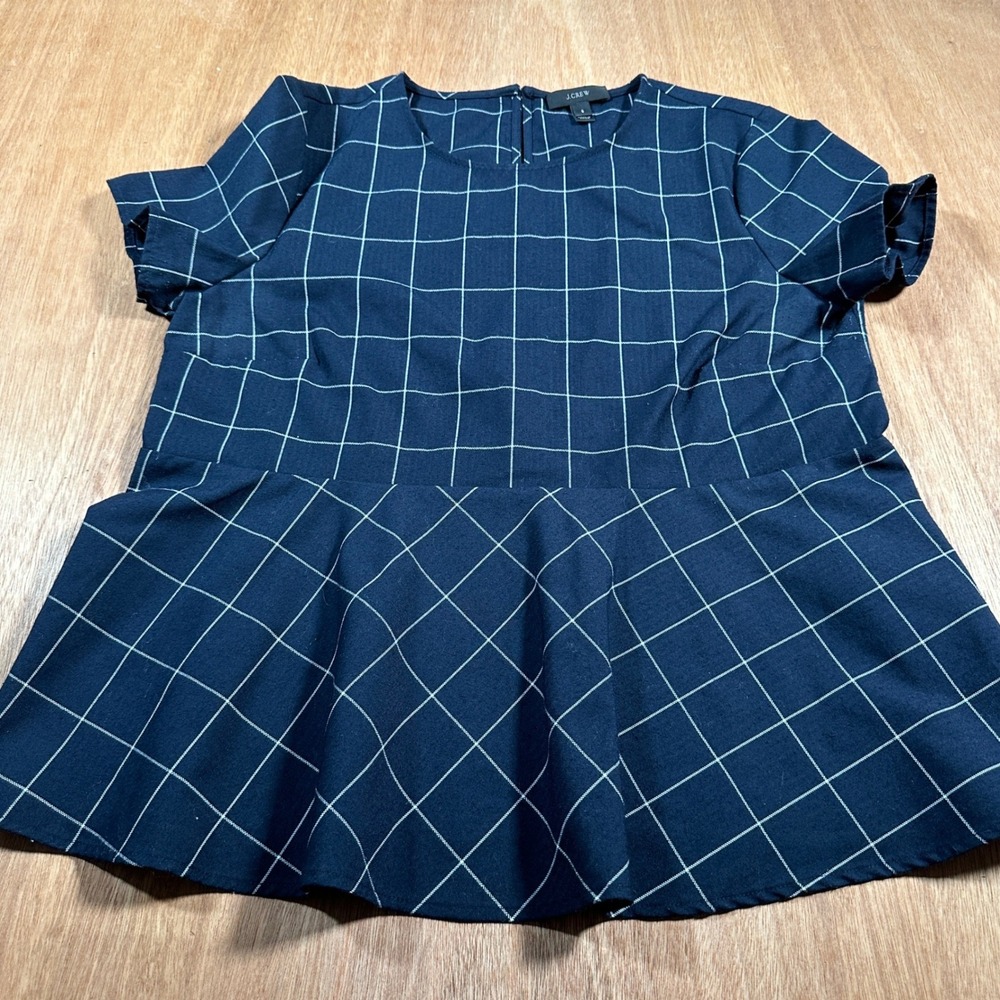 J.Crew Peplum Top Women Small Navy Blue Windowpane Grid Short Sleeve